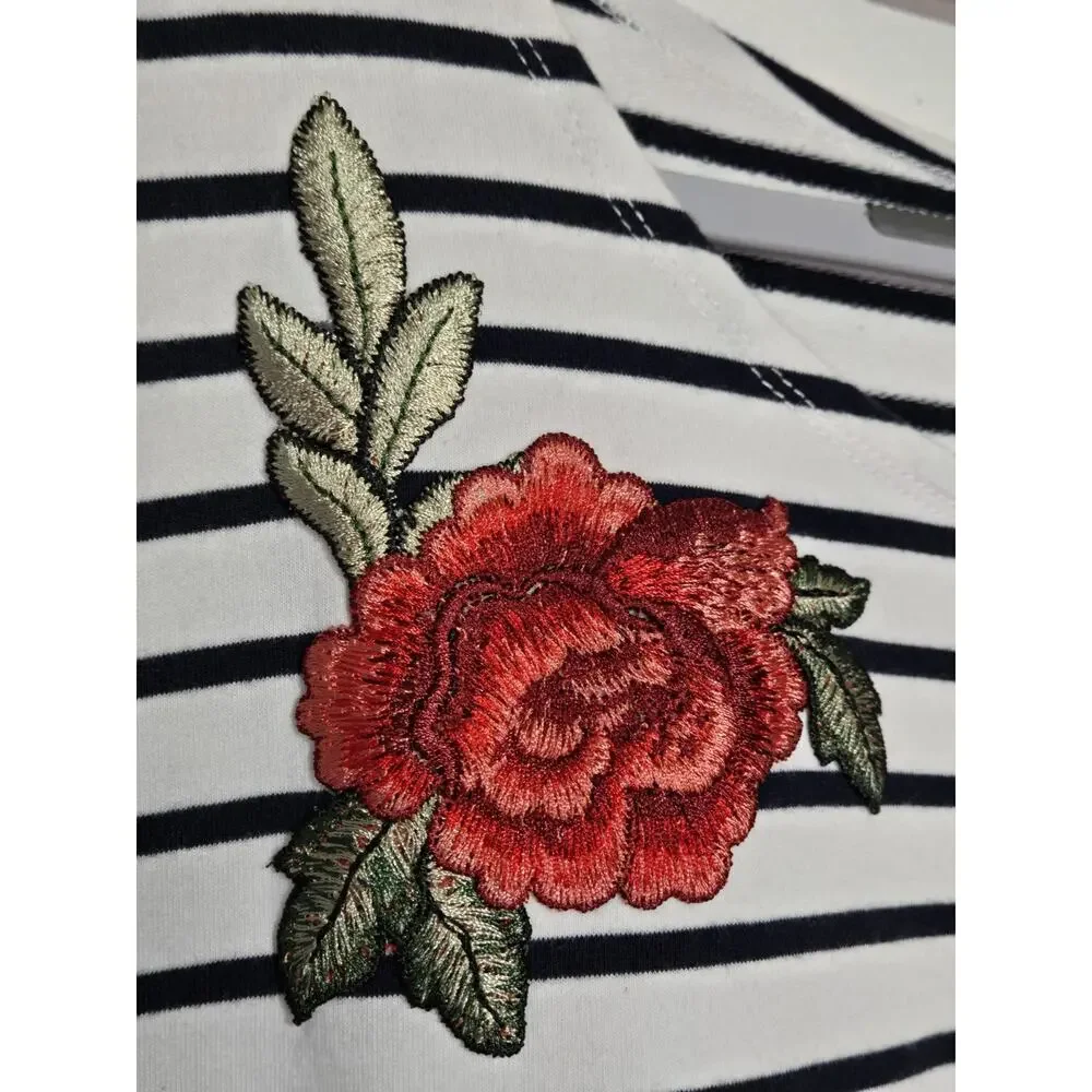 FEVER Women's Striped 3/4 Flared Sleeve Knit Top 2X Navy Blue White Floral Boho - Picture 8 of 13